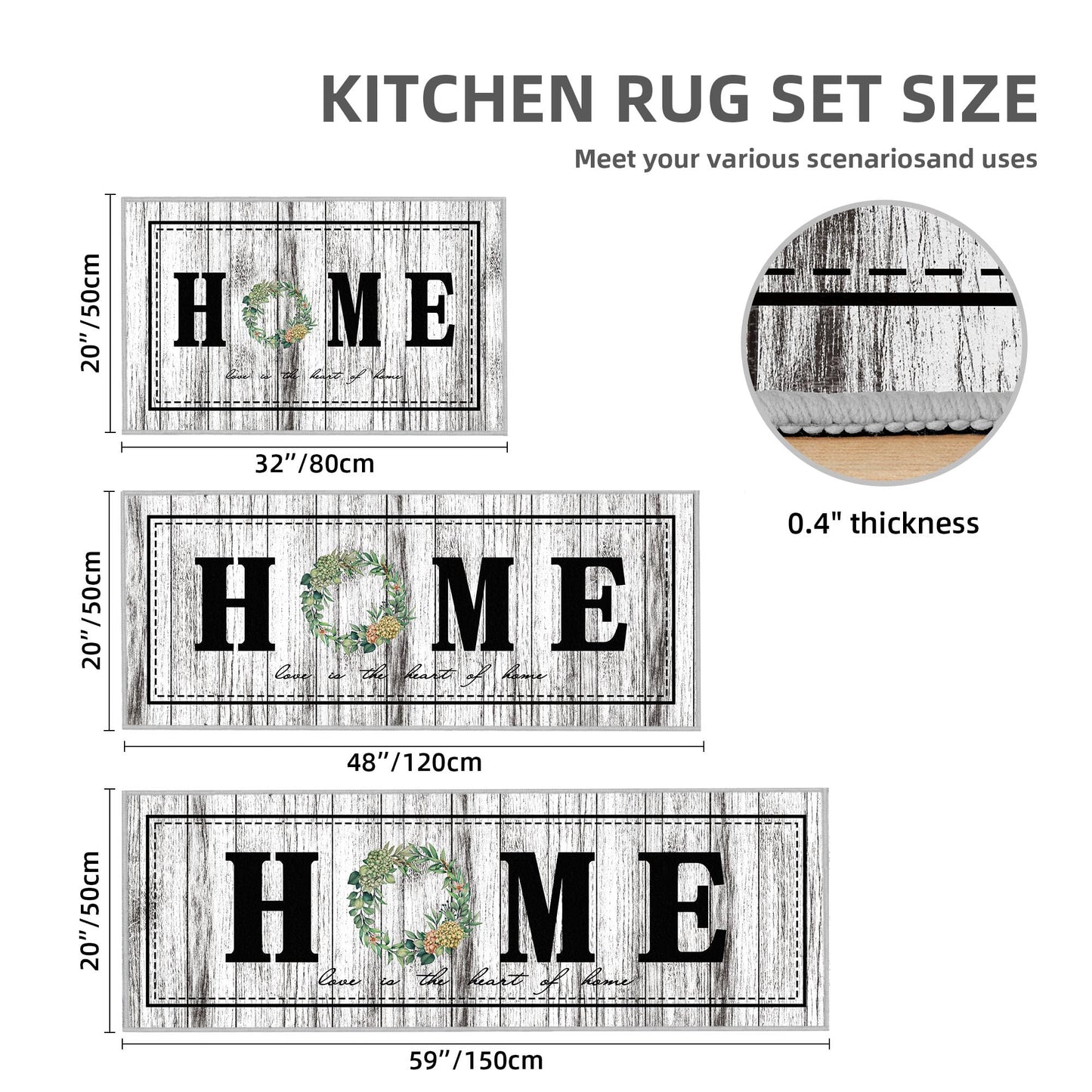 Tritard 100% Non Slip Kitchen Rugs Sets of 3 Farmhouse Washable Kitchen Mats for Floor Non-Skid Kitchen Runner Rug Soft Rustic Kitchen Floor Carpet for Hallway, Laundry, Sink, Office, Grey