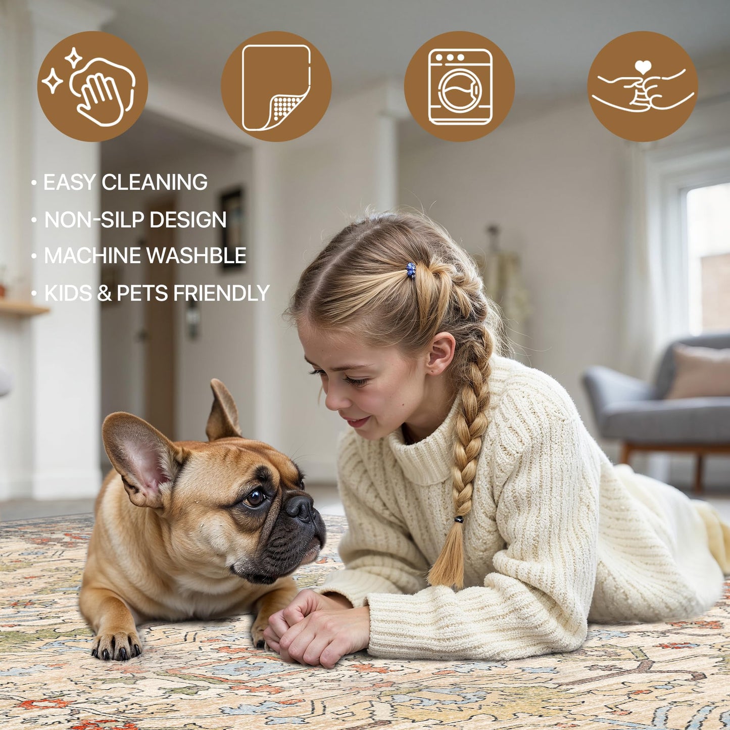 Bavni Area Rug 3x5, Non-Slip Washable Rugs for Living Room Office, Boho Distressed Printed Rug, Low Pile Foldable Decorative Carpet for Bedroom Kitchen Office, Ivory/Teal