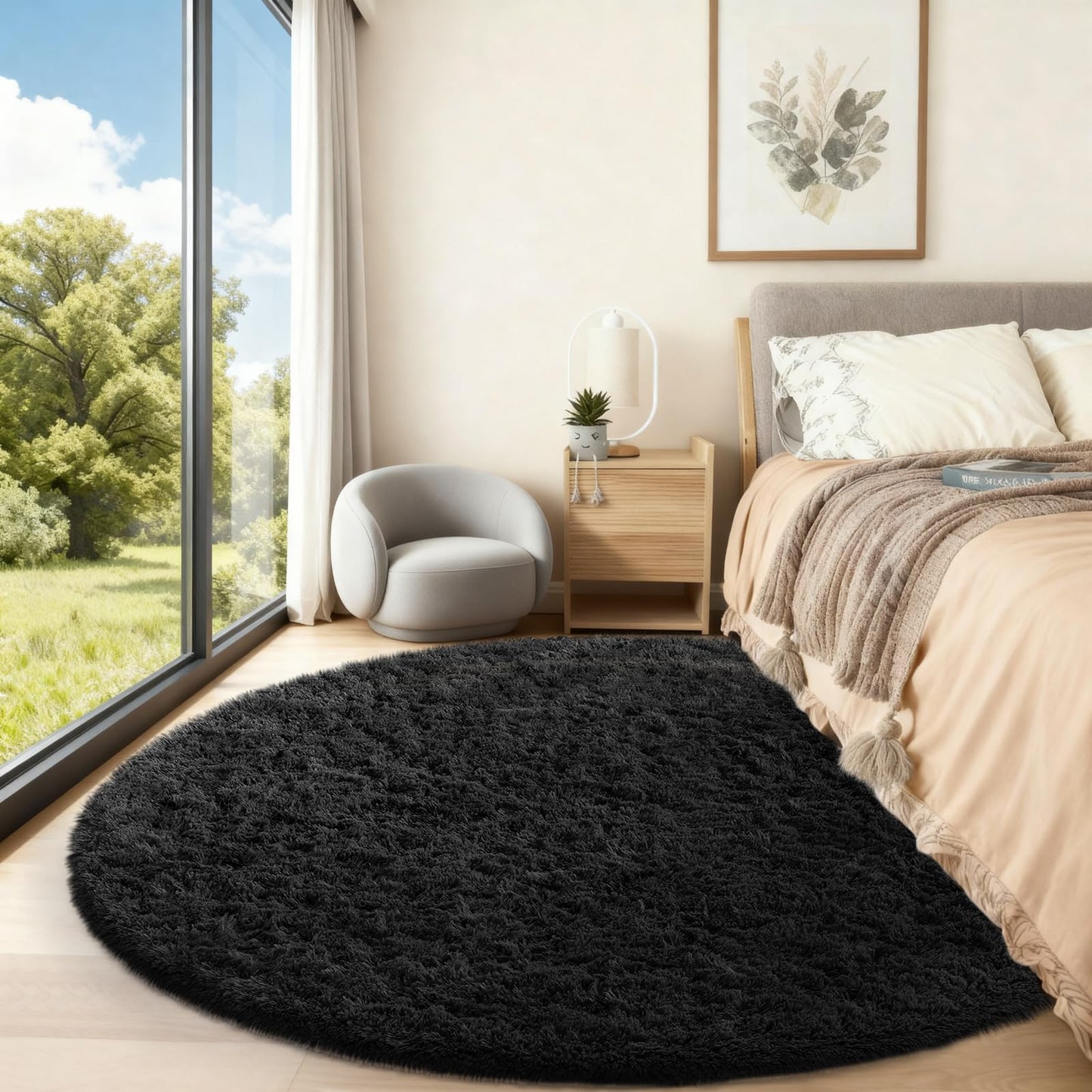 Ophanie Round Rug 6Ft Black Circle Area Rug, Room Decor for Men, Fluffy Fuzzy Bedroom Carpet, Plush Soft Shaggy Living Room Rugs for Kids Home Aesthetic, Nursery