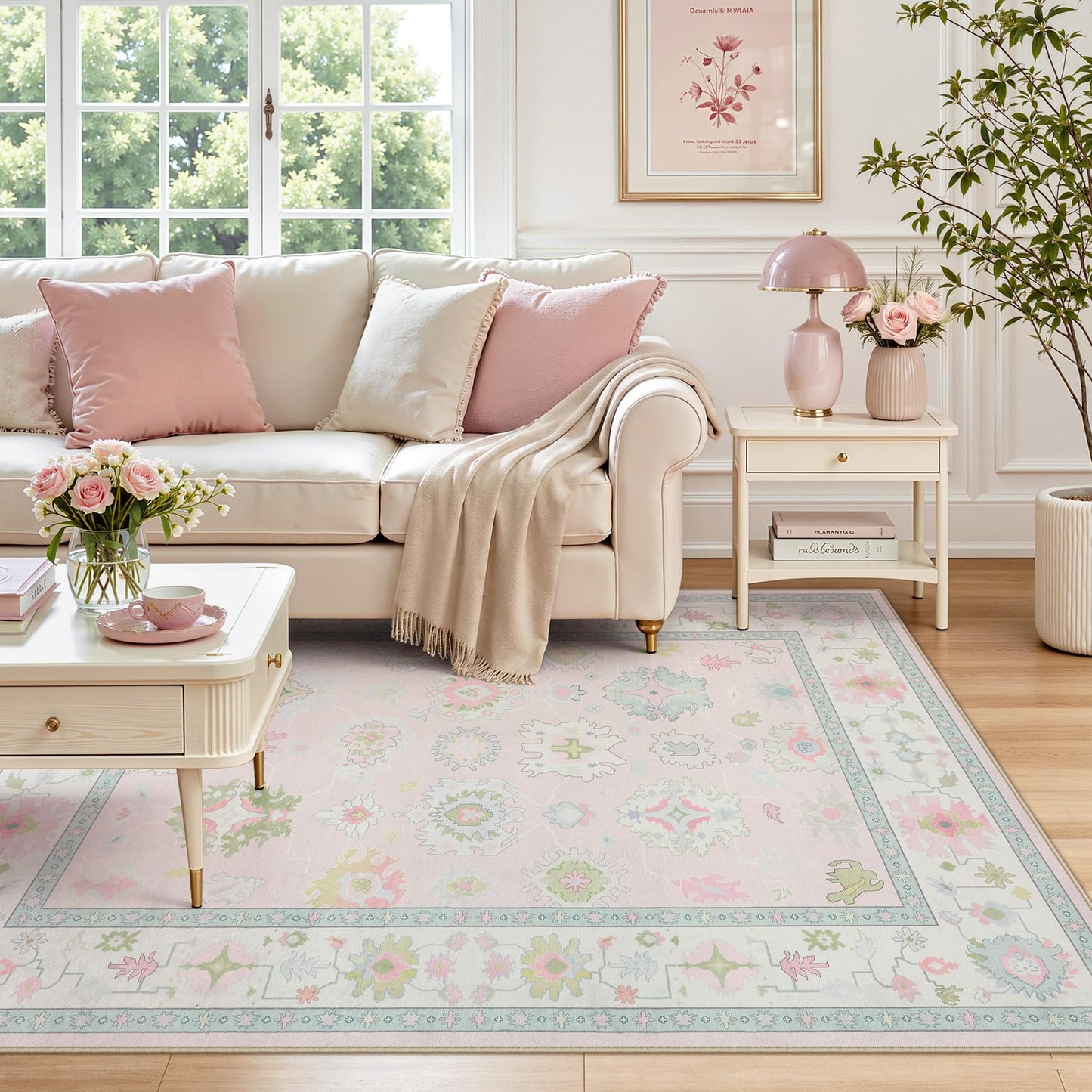 Tribesigns Boho Oushak 5x7 Washable Area Rug for Girls Bedroom, Soft Pastel Pink Nursery Rug Living Room, Oriental Floral Non-Slip Ultra Thin Indoor Carpet for Dorm Kids Playroom