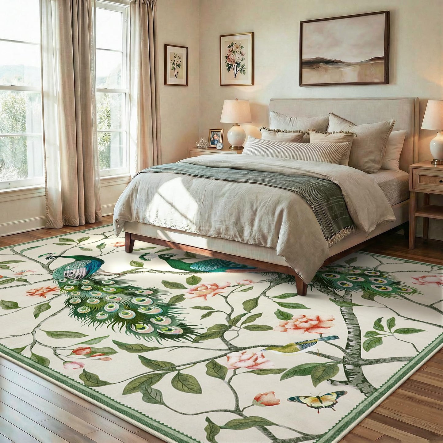 Anidaroel Whimsical Peacock Feathers Area Rug, 8x10 Washable Rugs for Living Room Eclectic Bird Carpet, Soft Large Bedroom Rug Stain-Resistant Dining Room Floor Carpet for Study Home, Beige