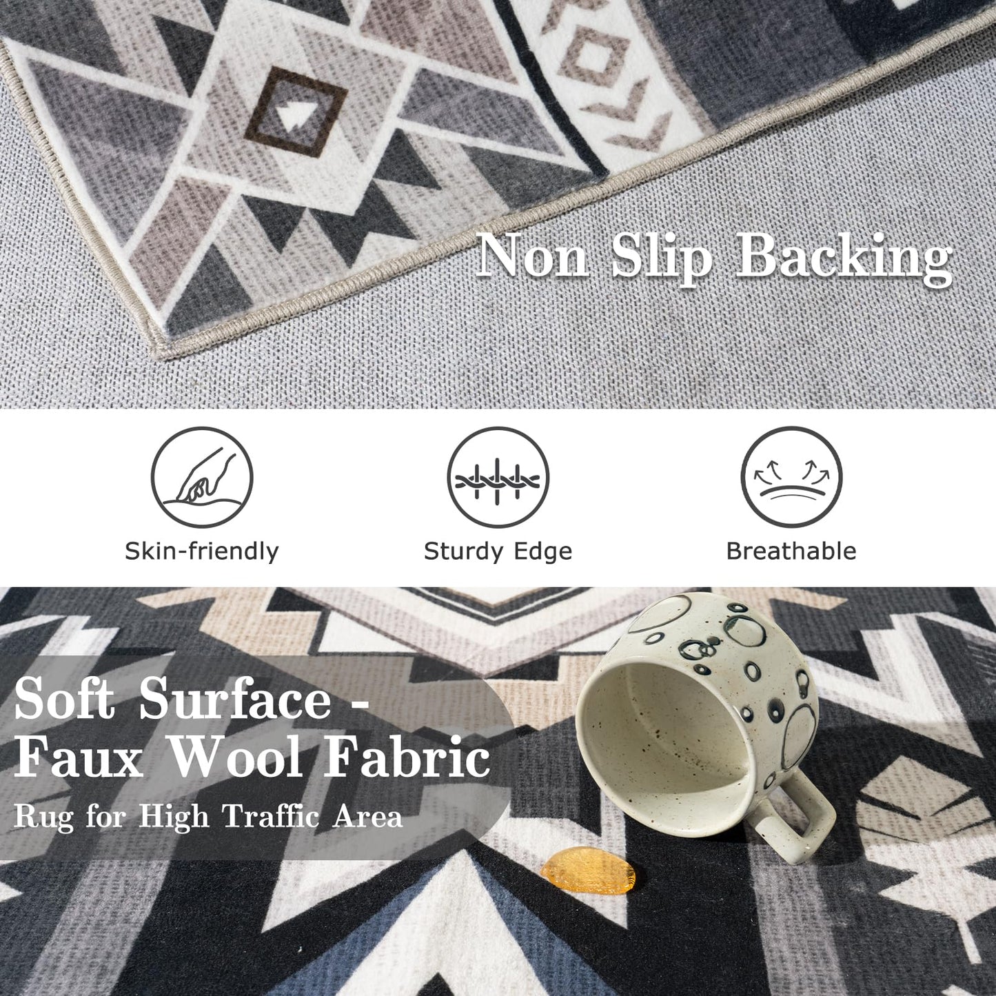 Western Rug for Living Room, 6x9 Non Slip Low Pile Aztec Rug for Bedroom, Dining Room Rugs for Under Table, Office, Large Machine Washable Area Rugs, Grey