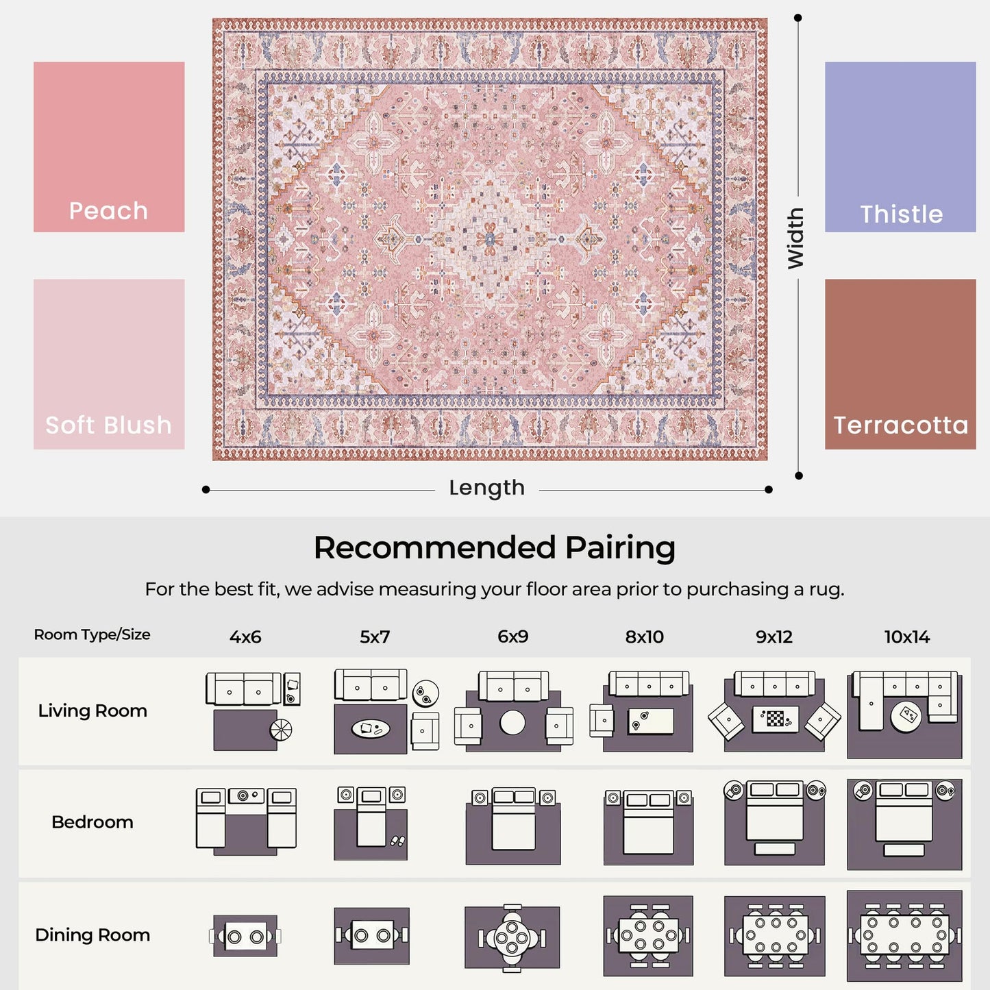8x10 Area Rugs for Living Room, Machine Washable Low Pile Rug, Non Slip Backing Boho Rugs for Bedroom, Printed Soft Vintage Carpet Peach Pink 8 x 10