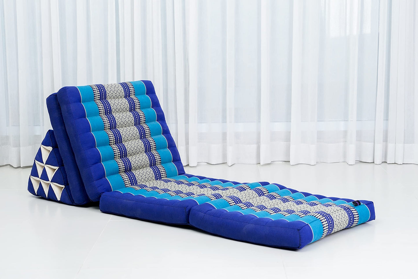 Leewadee Comfortable Japanese Floor Mattress - Thai Floor Bed with Triangle Cushion - Futon Mattress - XL Extra Long Thai Massage Mat, 89 x 20 inches, Blue, Kapok Filling