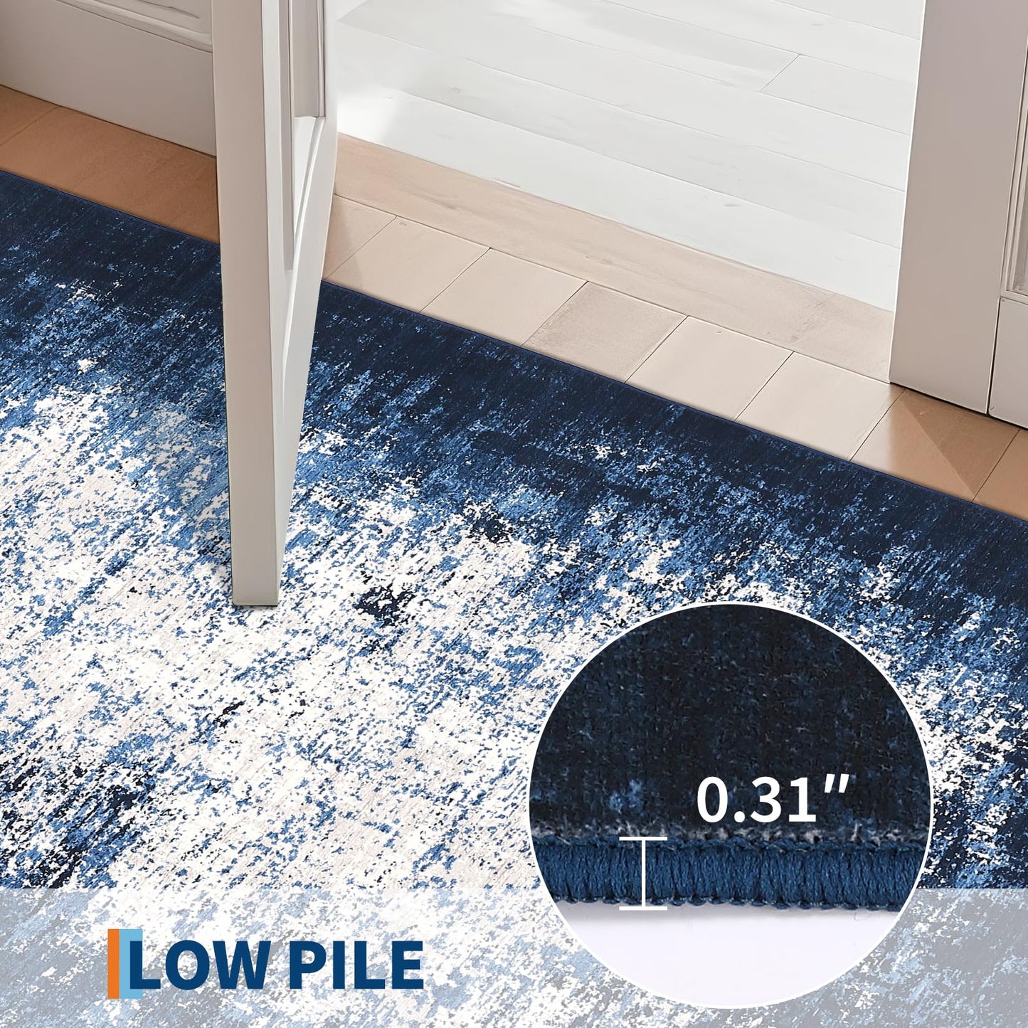 GarveeHome Machine Washable Runner Rugs 2x6 Non-Shedding Abstract Hallway Rug with Non-Slip Backing, Foldable Contemporary Low Pile Floor Cover for Bedroom, Laundry, Blue