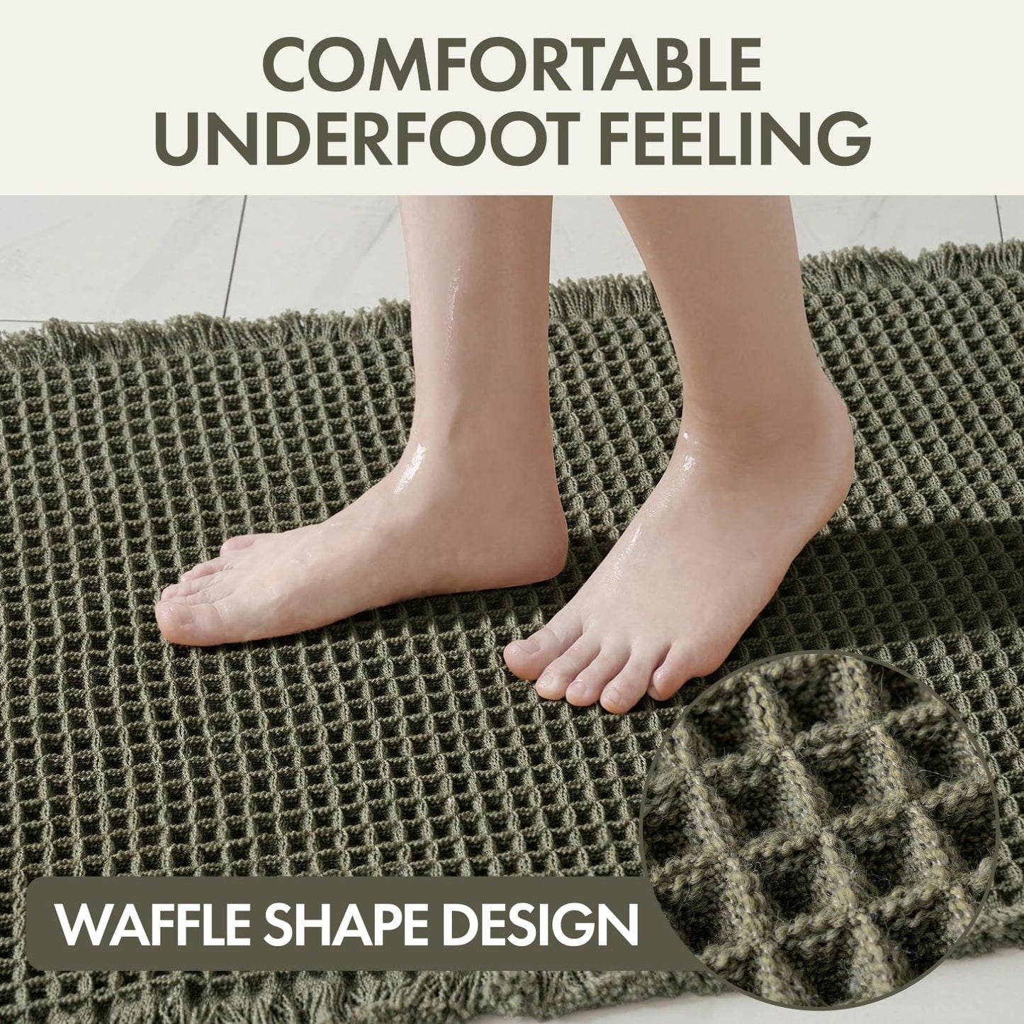 MIULEE Waffle Bathroom Runner Rugs, Super Absorbent Non Slip Bath Rug, Upgraded Soft Quick Dry Washable Boho Long Bath Mat with Tassels for Hallway Laundry Room Bedroom, 2'x6' (24"x72"), Green
