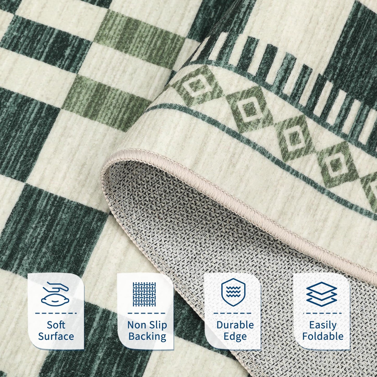 GarveeHome 5x7 Washable Rug for Living Room Contemporary Sage Green Geometric Floor Carpets Low Pile Non-Slip Nursery Room Carpet High Traffic Modern Abstract Checkered Area Rug for Bedroom