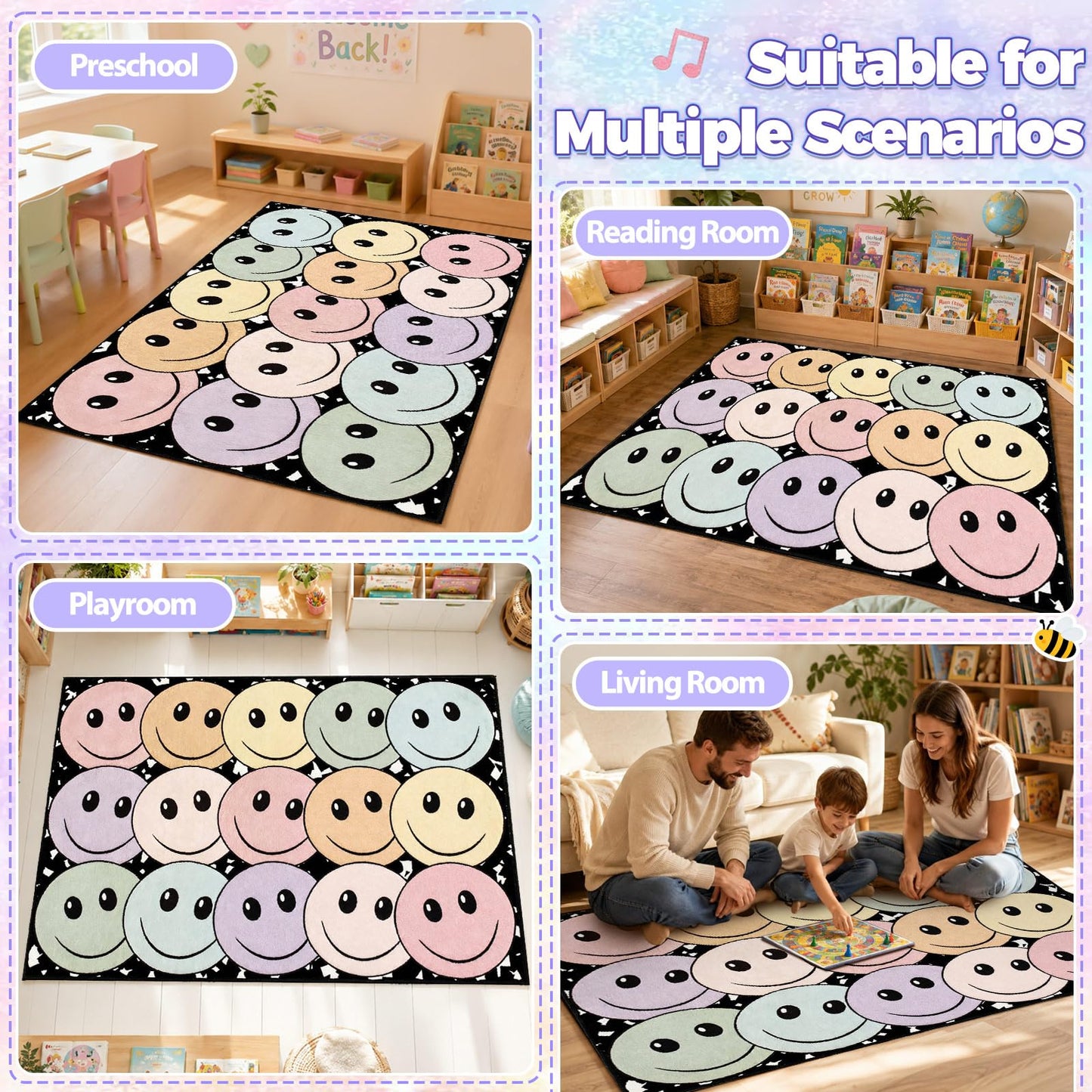5' x 7' Composition Notebook Classroom Rug Pastel Smiley Face Seating Carpet for Kids, Washable Non-Slip Educational Area Rugs Large Soft Play Mat for Kindergarten Nursery Playroom Decor