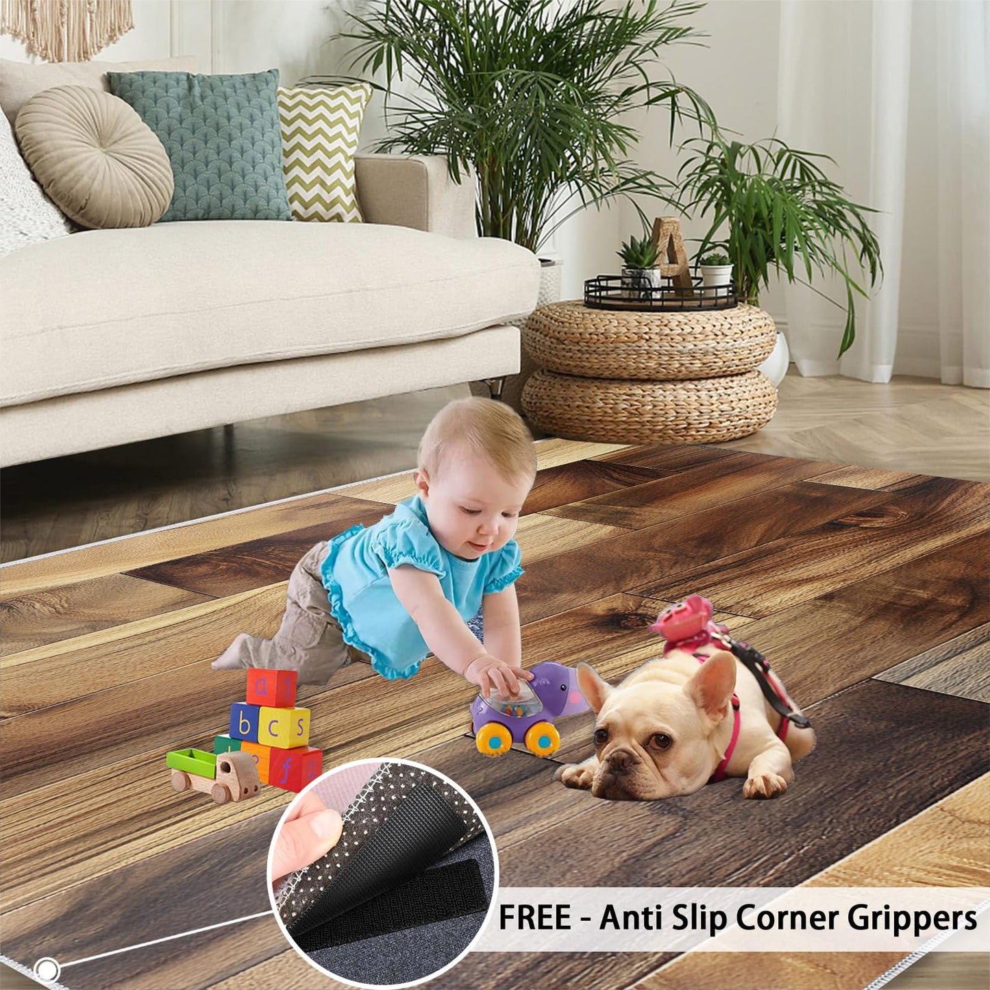 KOMEJIE Wood Plank Print Rug - Natural Grain Rugs for Bedroom, Rustic Wood Area Rug, Rugs for Living Room, Non Slip & Low-Pile, Washable Indoor Earth Tone Design Carpet & Home Decor