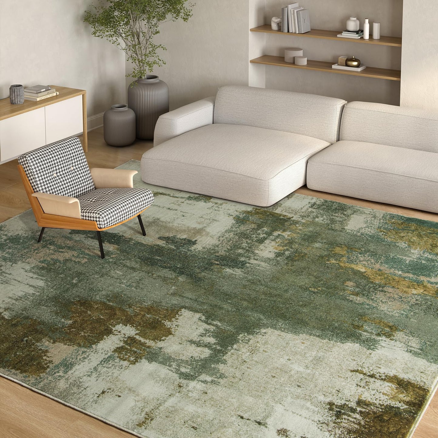 Kelarea Living Room Rug, 6x9 Rug Modern Abstract Washable Rugs Green Faux Wool Vintage Carpets, Non Slip Rugs for Bedroom, Dining Room, College Dorm, Kids Playroom, Home Office