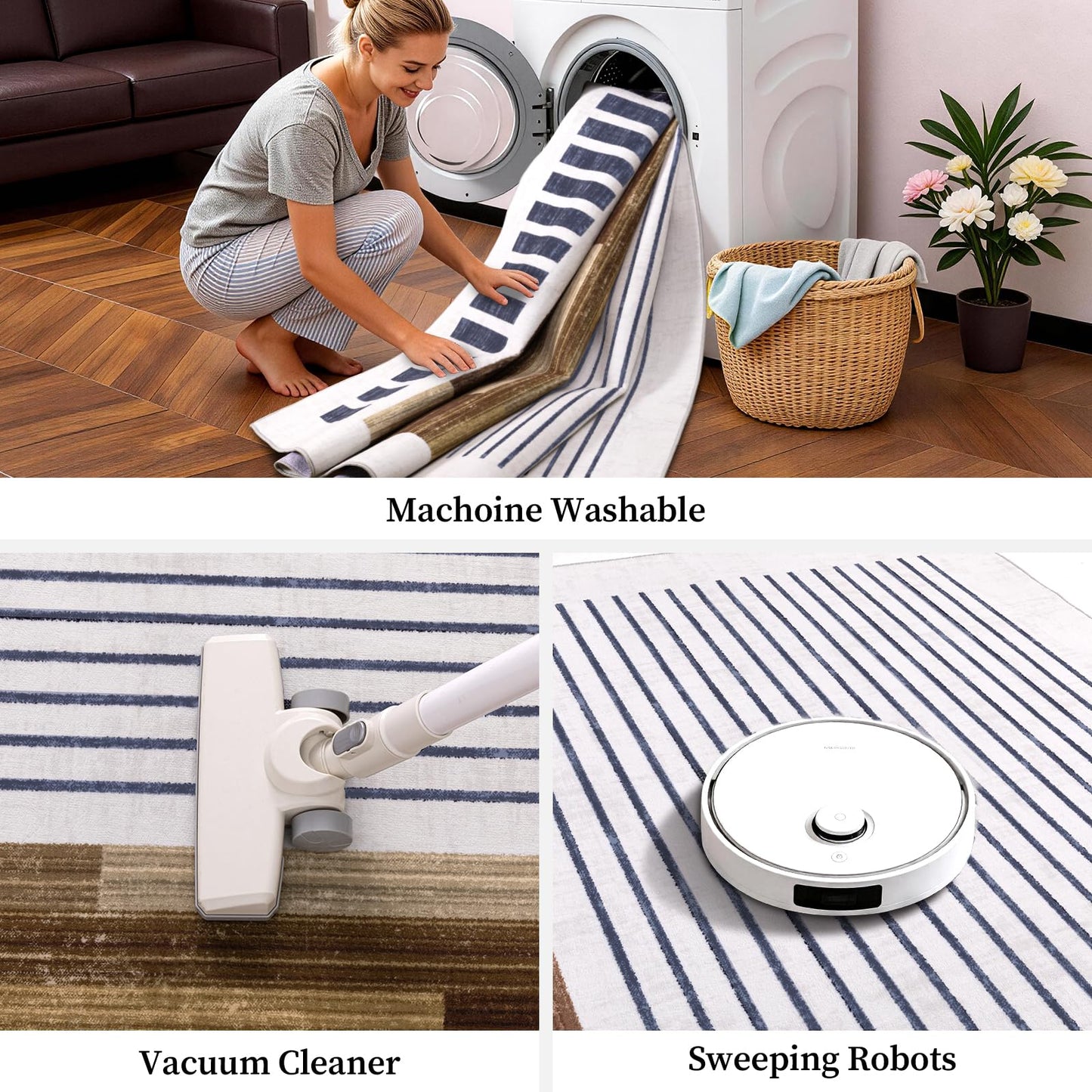 YIHOUSE Washable Area Rug 5x7 Modern Striped Lines Black and Brown - Living Room Rugs Low Pile Non-Slip - Black and White Rug for Bedroom Farmhouse Hardwood Decor