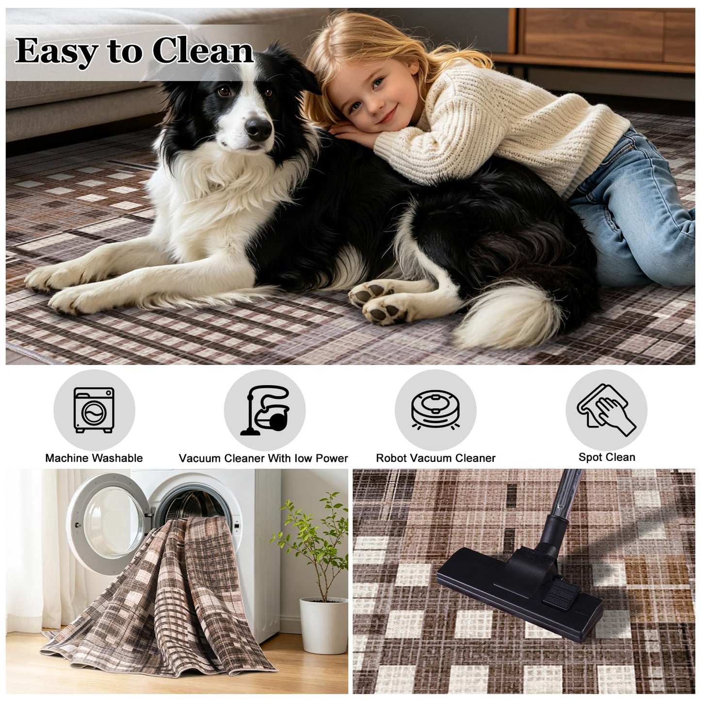 Rezutan Area Rugs 8x10 Washable Non-Slip, Modern Abstract Distress Carpet for Living Room Bedroom Dining Room, Coffee Caramel Brown Grey Chocolate Neutral Soft Carpet Low Pile Foldable Thin Rugs