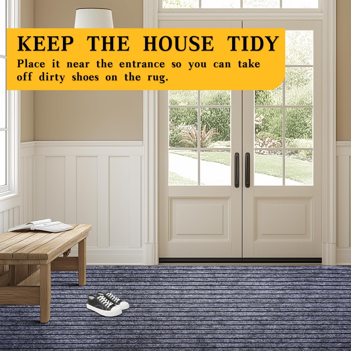 Extra Long 3x15 ft Runner Rug for Hallway, Non-Slip Indoor Outdoor Carpet with TPR Backing, Durable Waterproof Mat for Kitchen, Patio, Balcony, Garage, Deck, Entryway, Stair, Grey Wide Stripes