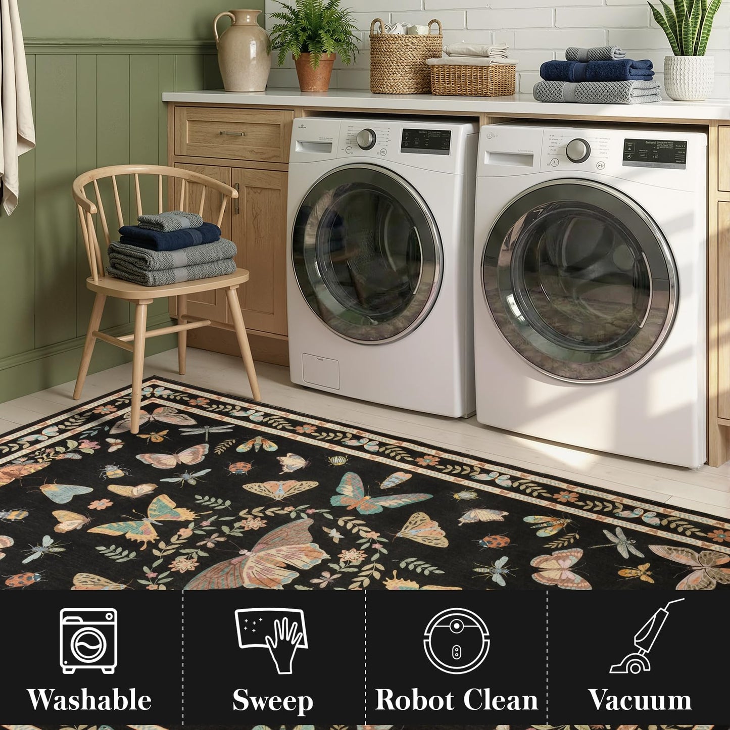 Unirea 2x3 Small Black Washable Area Rug, Door Mat Indoor Entrance Insect Rug, Non Slip Thin Area Rugs, Soft Boho Bug Entryway Rug for Kitchen, Bathroom, Bedroom, Laundry Room, Low Pile Carpet