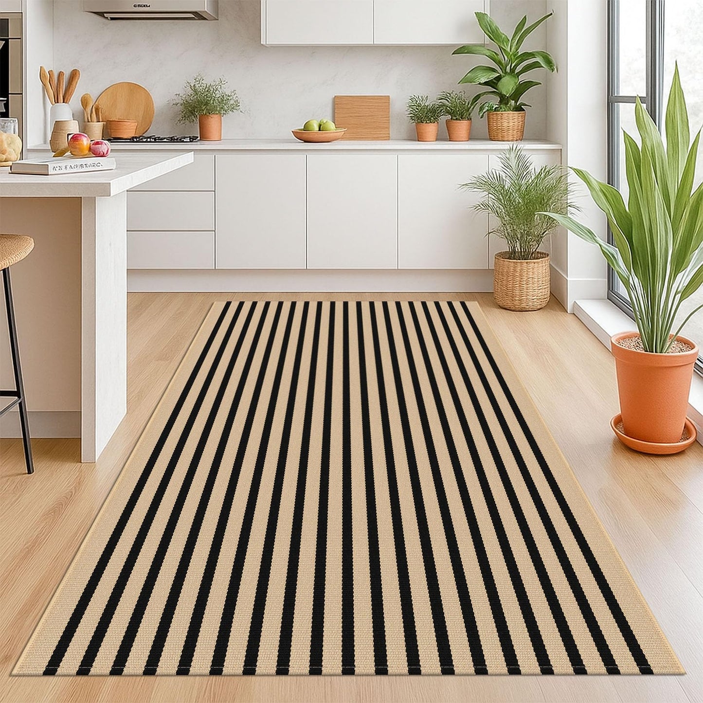 KOZYFLY Brown and Black Striped Rug 4x6 Ft Area Rug Washable Indoor Outdoor Rug Cotton Door Mat for Double Front Door Entryway Patio Porch Living Room Carpet