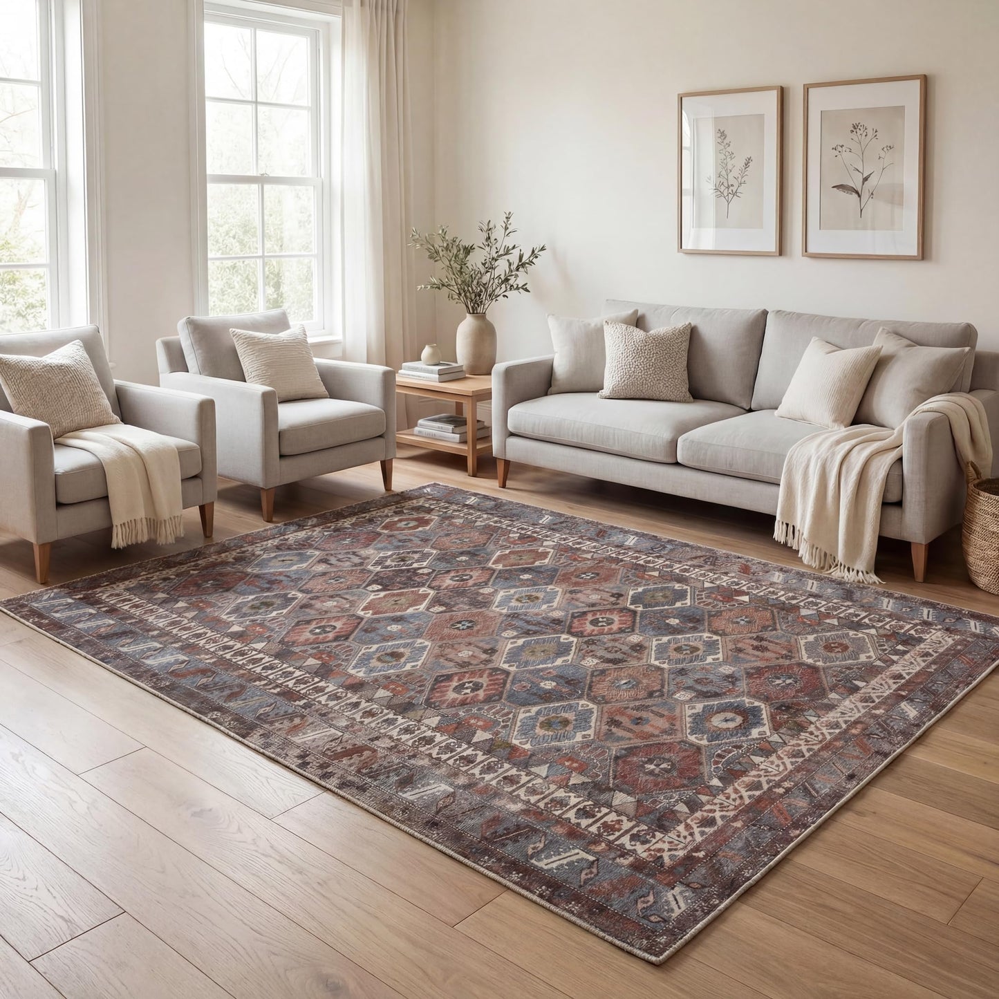 Kuden 6x9 Area Rug, Machine Washable Area Rug with Non-Slip Backing, Vintage Style, Soft, Easy Clean, Low Pile Rug for Living Room, Bedroom, Dining Room