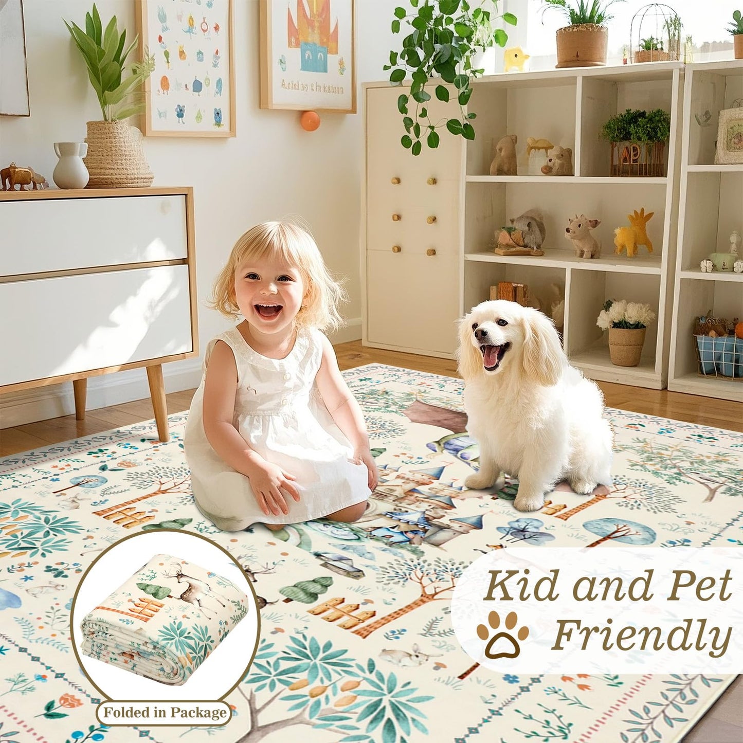 nesrt Washable Area Rugs for Living Room 5x7ft Beige, Soft Dragon Animal Print Bedroom Rugs Non Slip, Botanical Forest Kids Nursey Playroom Floor Carpets for Dining Room Farmhouse Home Office Decor