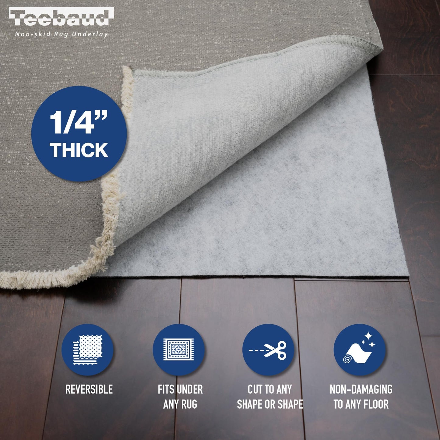 Teebaud 4' x 6' Non-Slip Rug Pad, Reversible Gripper, Non Skid Pads for Hardwood, Vinyl, Tile, Laminate Floors, Keep Area Rugs Secure, Natural Materials Safe for Indoor Flooring, ¼” Thick