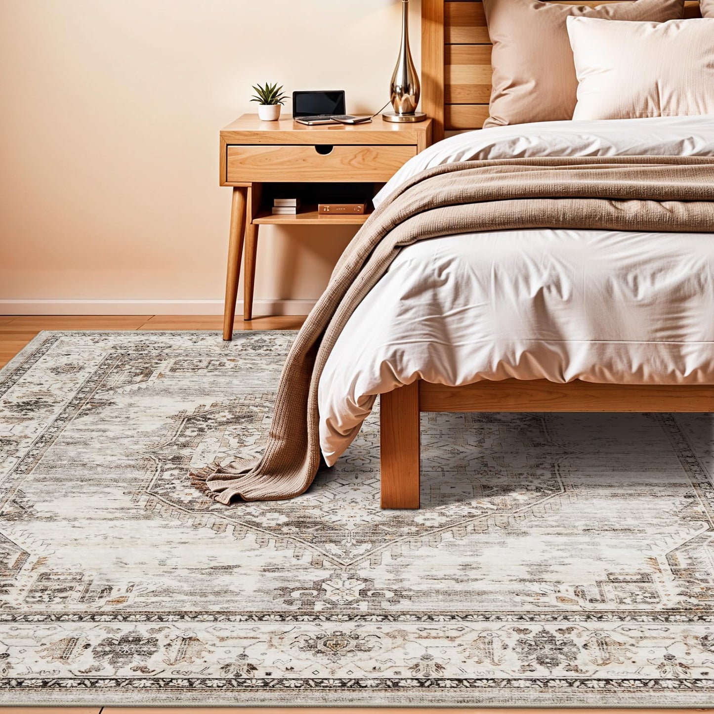 Washable Living Room Area Rug：8x10 Bedroom Rugs - Farmhouse Distressed Printed Floral Carpet - Foldable Non-Shedding Floor Carpet for Dining Room 8'x10' Beige