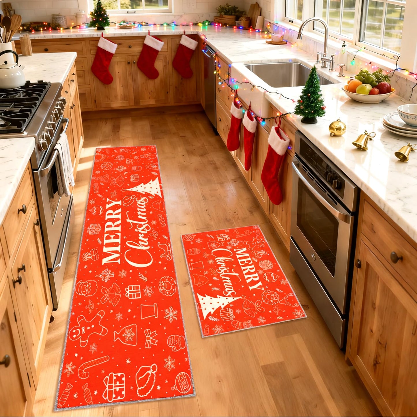 2 Pieces Red Merry Christmas Kitchen Rugs Set, Non Slip Kitchen Floor Mat with Xmas Tree Snowflake Decor Christmas Kitchen Mats Home Low-profile Washable Rugs for Kitchen Bathroom Sink Laundry