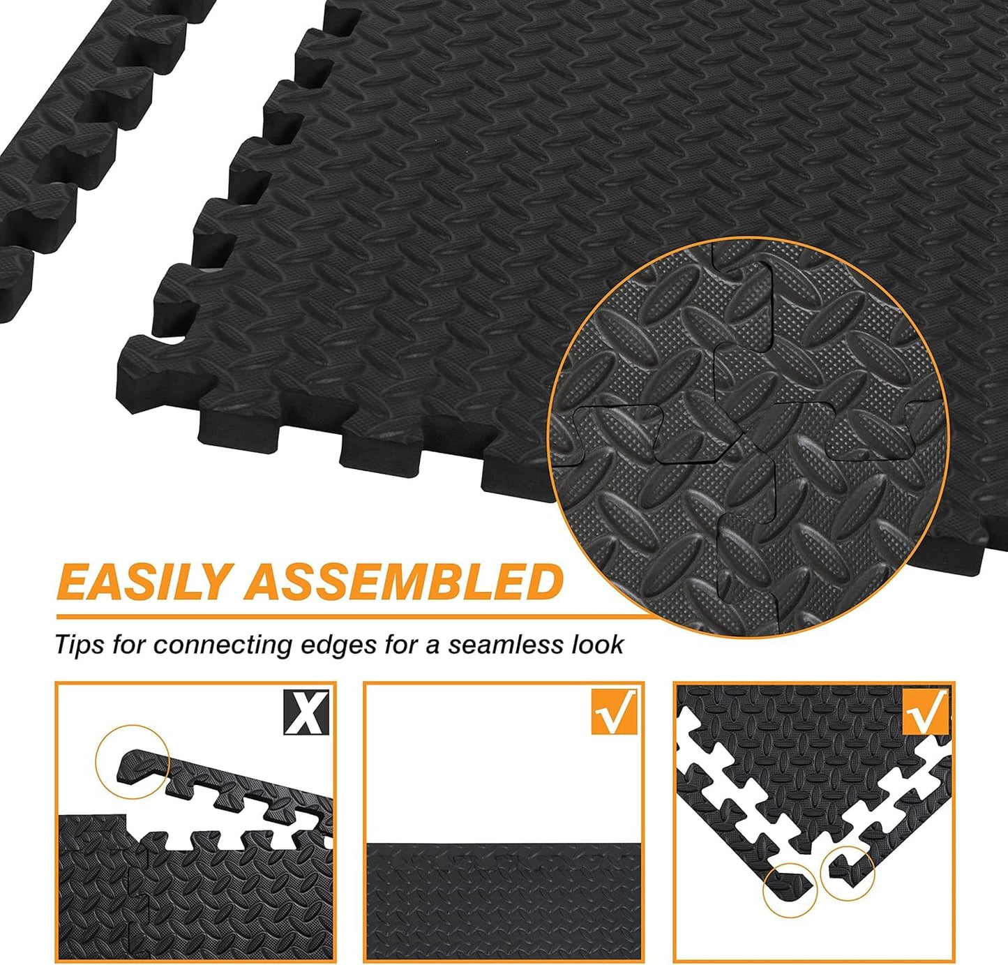 Mat Block Interlocking EVA Foam Exercise Mat Tiles - 6-Piece (24 SQ FT) 1/2 Inch Thick Home Gym Floor Mats for Workouts & Equipment - Non-Slip, Protective Puzzle Mats, Black