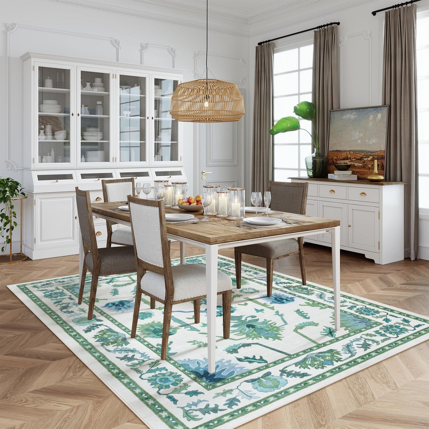 Uphome Green Washable Rugs 8x10, Floral Oushak Rugs for Living Room Bedroom, Non-Slip Soft Turkish Dining Room Rug, Modern Abstract Ultra-Thin Large Carpet for Office Playroom Dorm
