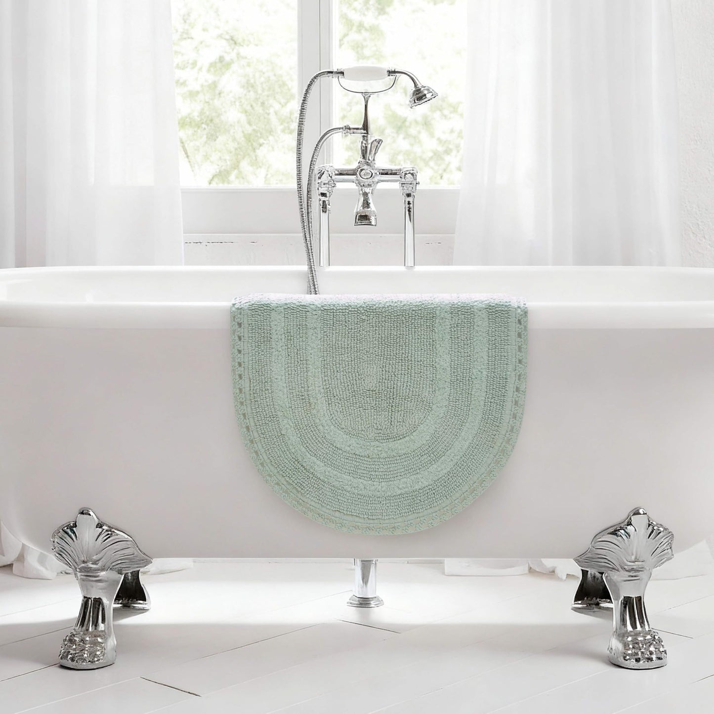 Laura Ashley Camilla 100% Cotton Oval Bath Mat with Crochet Border, Soft & Absorbent, Light Green 21" x 34" Bathroom Rug