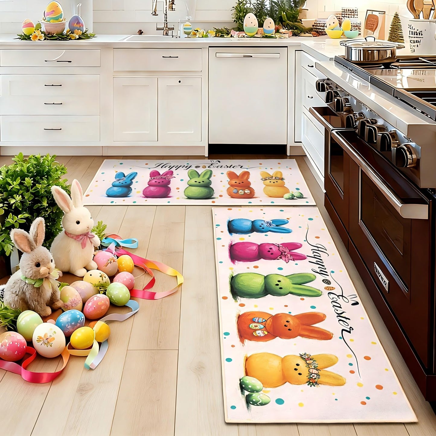 JSVSLTD Easter Kitchen Rugs Set of 2 Kitchen Floor Mat Easter Decor for Home, Non-Slip Kitchen Mats for Spring Gatherings 17"x47"+17"x29"