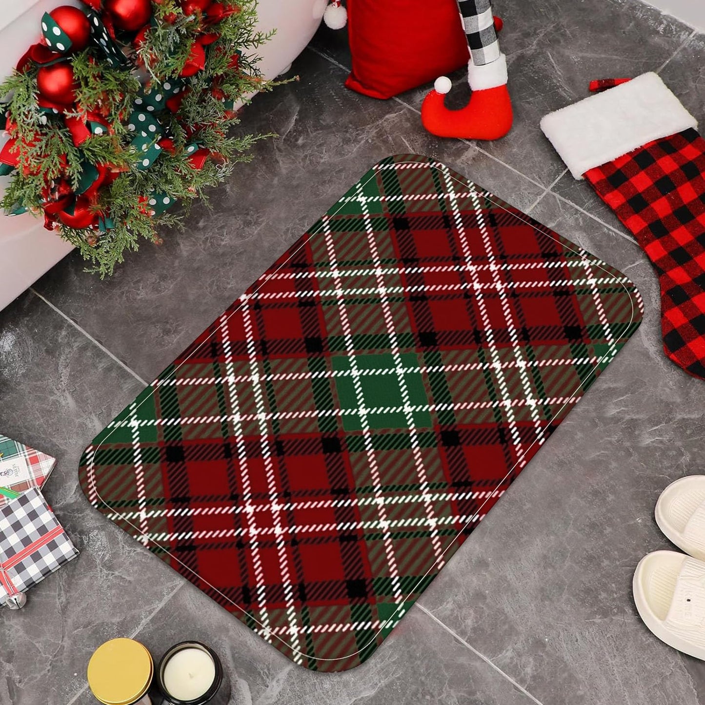 Zussun Christmas Bathroom Rugs Mat Xmas Buffalo Plaid Winter Bath Rug 32 x 16 in Water Absorbent Non Slip Washable Shower Mat Memory Foam Bath Mats for Bathroom Decor