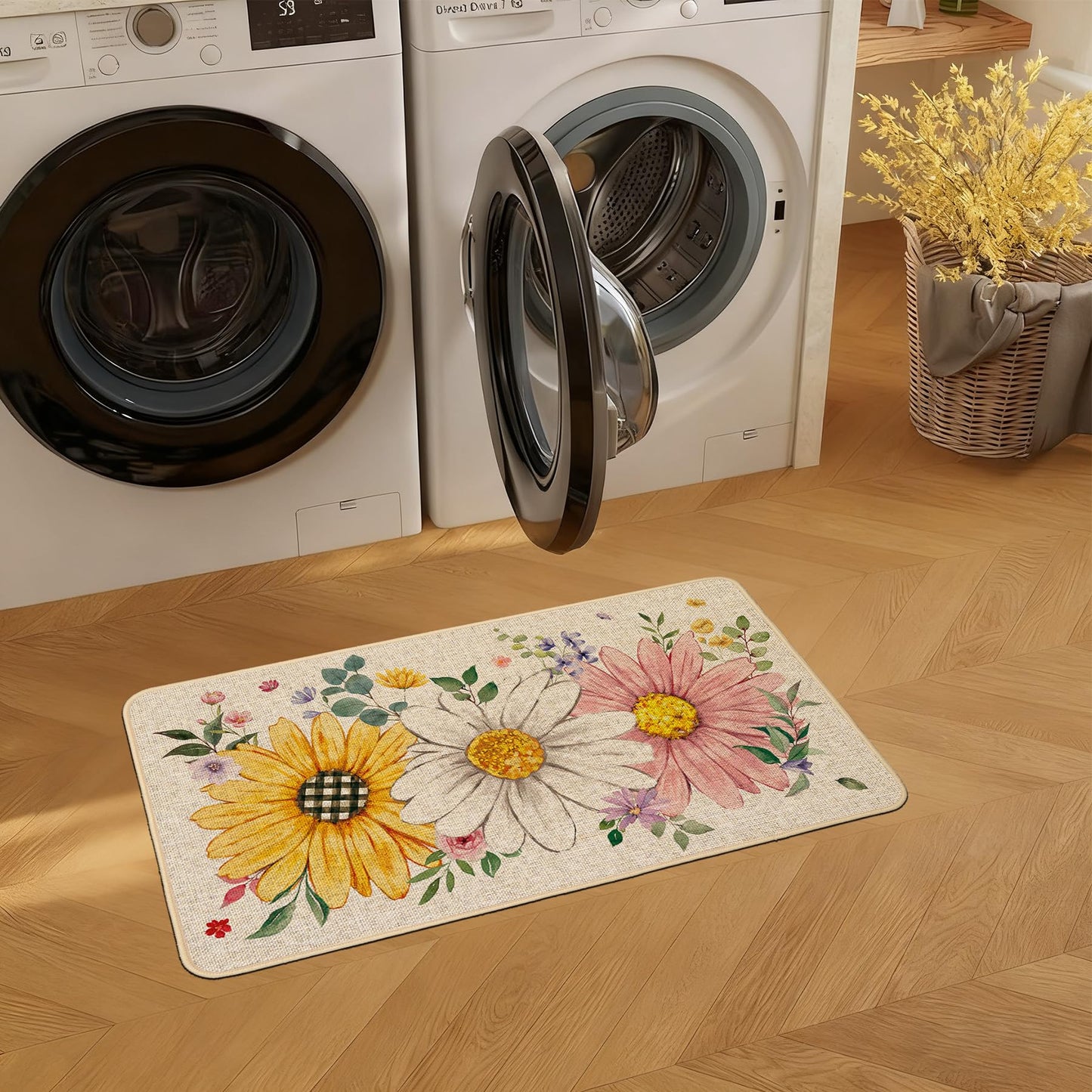 Baccessor Spring Summer Floral Doormat Outdoor Outside, Sunflower Daisy Flowers Door Mat Low-Profile Non-Slip Rubber Backing Entrance Front Seasonal Holiday Decoration 17x29 Inch