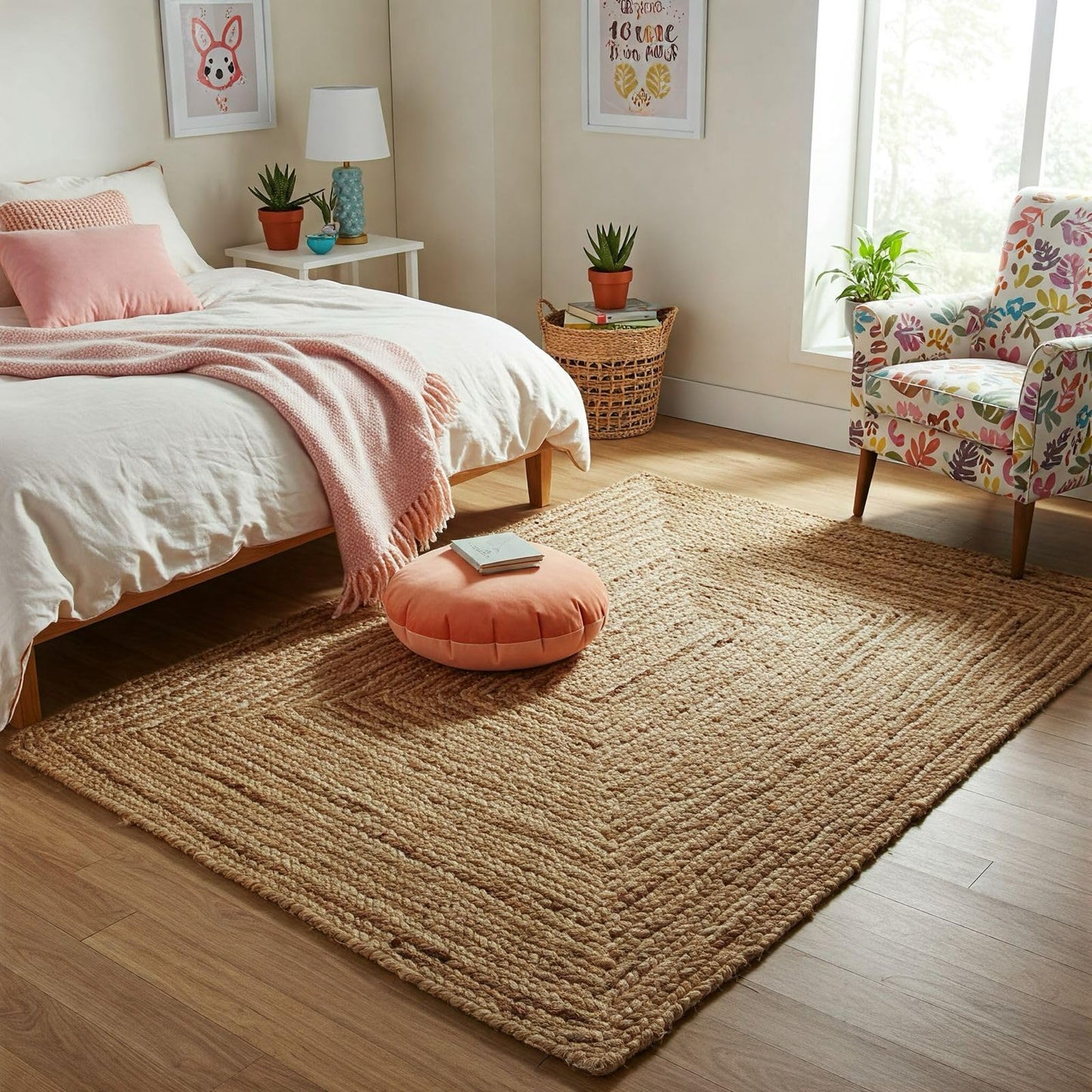Raha Looms London Area Rug 4x6 Braided Jute Floor Mat – Reversible Natural Fiber Accent for Dining Room, Office, or Farmhouse | 48x72 Boho Area Carpet