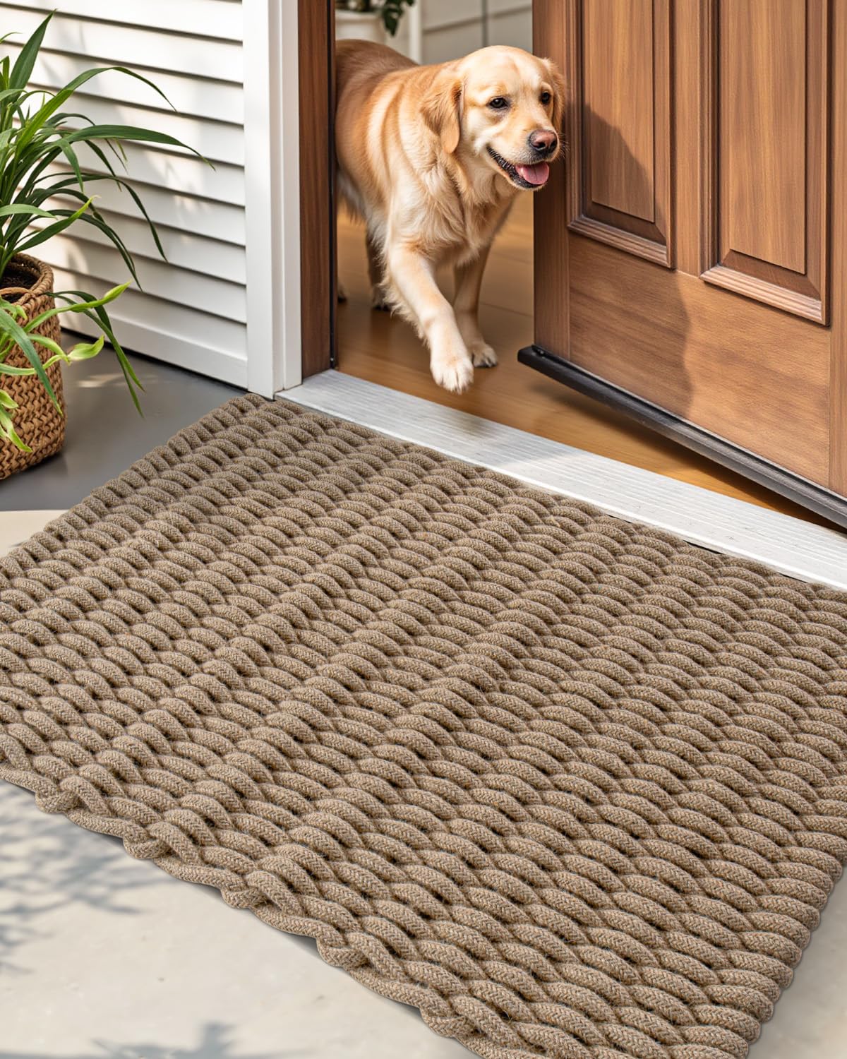 DEXI Jute Door Mat for Front Entryway, 24x35 Braided Woven Doormat Outside Entrance, Dirt Trapper Natural Fiber Entry Mats for Patio, Brown