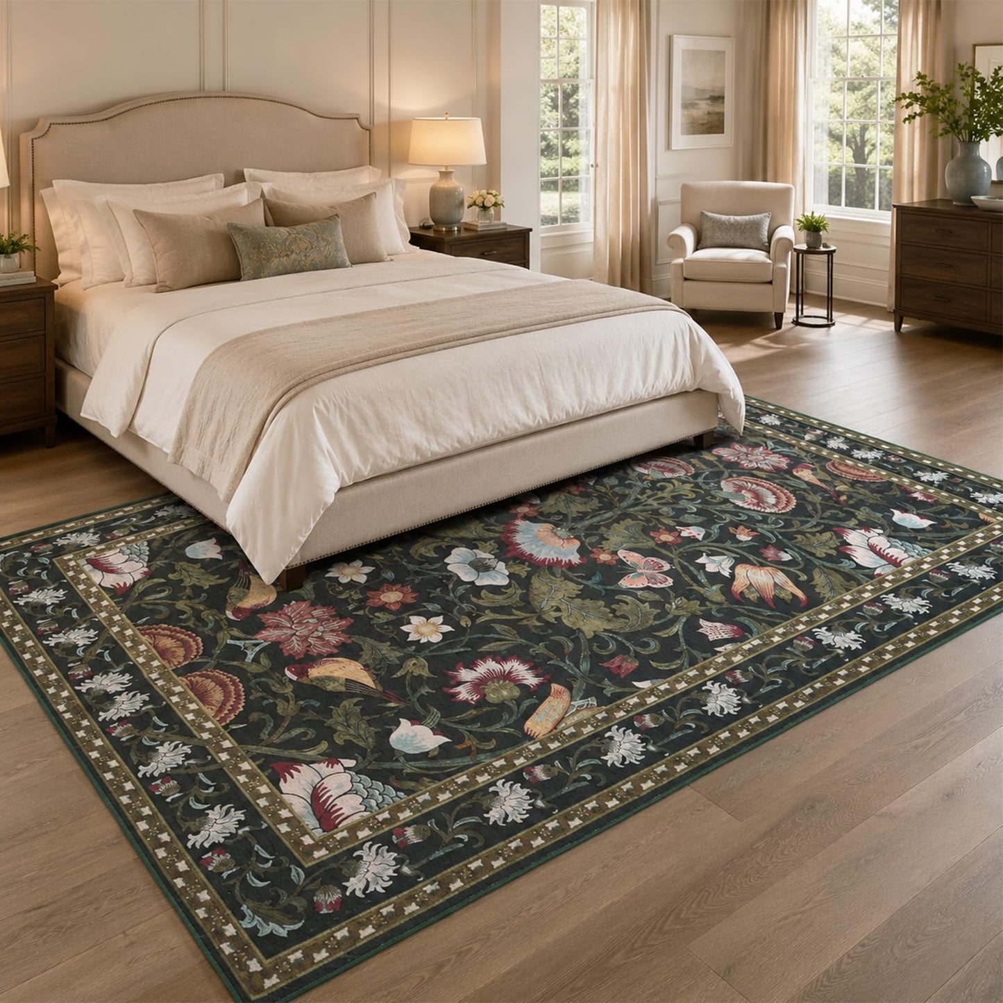 Helthep 5 * 7 Vintage Floral Bird Washable Green Area Rug for Living Room