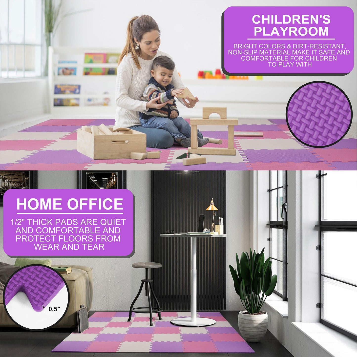 BalanceFrom 36-Pack 12x12 Inches EVA Interlocking Foam Play Tile Mat, Pink/Purple/Beige – 0.4-Inch Thick Non-Slip Puzzle Flooring for 36 Square Feet in Playroom, Nursery, or Playpen at Home