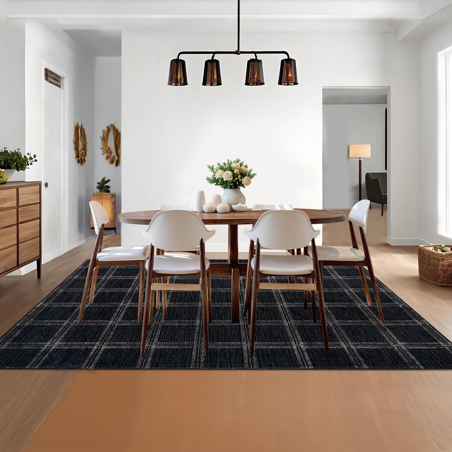 MilleLoom Washable Black Checkered 5x7 Area Rug, Ultra Thin Soft Non Slip Geometric Living Room Bedroom Rugs, Low Pile Stain Resistant Indoor Modern Throw Carpet for Dining Room Office