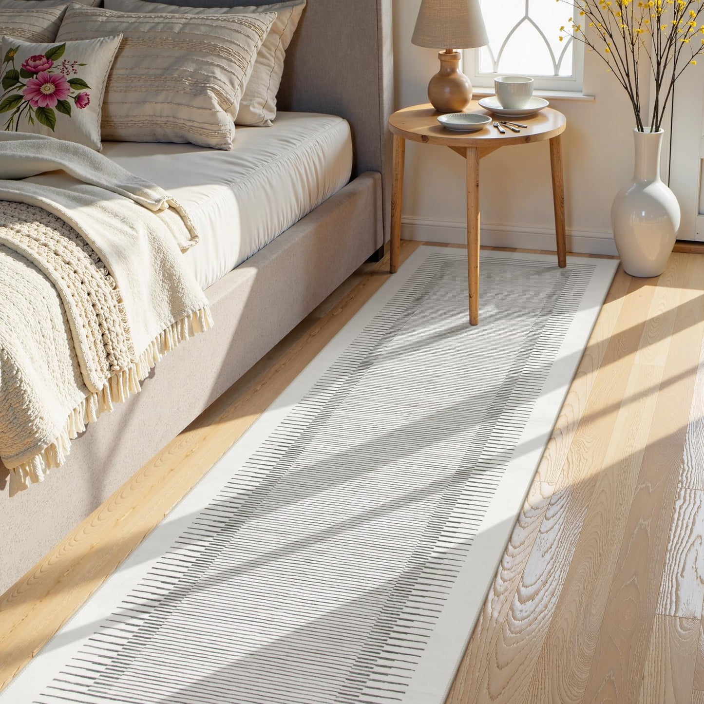 Morebes Modern White 2.5x8 Hallway Runner Rug, Berber Striped Kitchen Rugs Non Slip Washable Runner Rug, Soft Low Pile Indoor Floor Carpet for Bathroom Bedroom Laundry