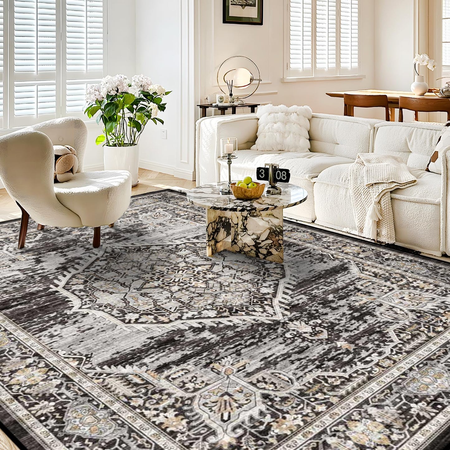 8x10 Rug Washable Area Rugs: Large Soft Living Room Rug - Distressed Stain Resistant Floor Carpet - Machine Washable Foladable Low Pile Area Rugs 8'x10' Black