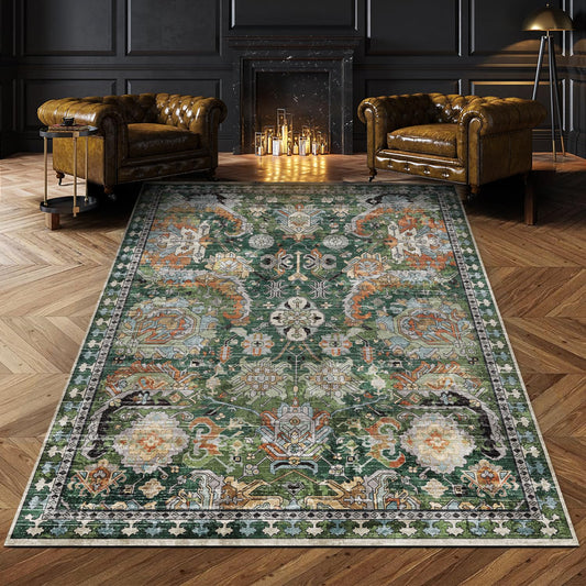 RUGSURE Washable Area Rugs - Perfect for Living Room, Bedroom, Kids Room, Nursery - Stain & Water Resistant Non-Slip, Pet & Child Friendly, Vintage Tribal Area Rugs (Green, 5' x 7')