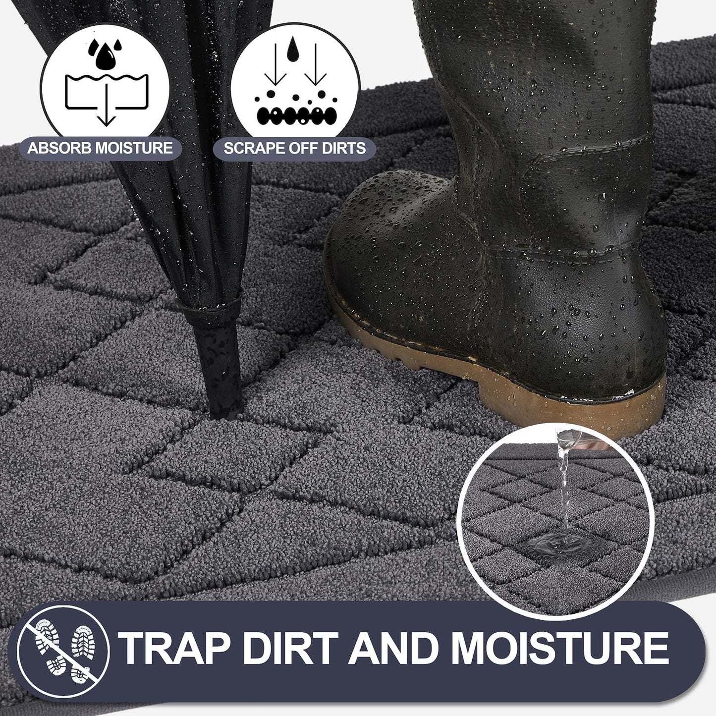 REFETONE Dirt Trapper Door Mat 24" x 36", Washable Indoor Doormat Rubber Backing Non Slip, Resist Dirt and Absorbent Entrance Mat, Low Profile Inside Floor Mats for Front Back Door and Entryway, Grey