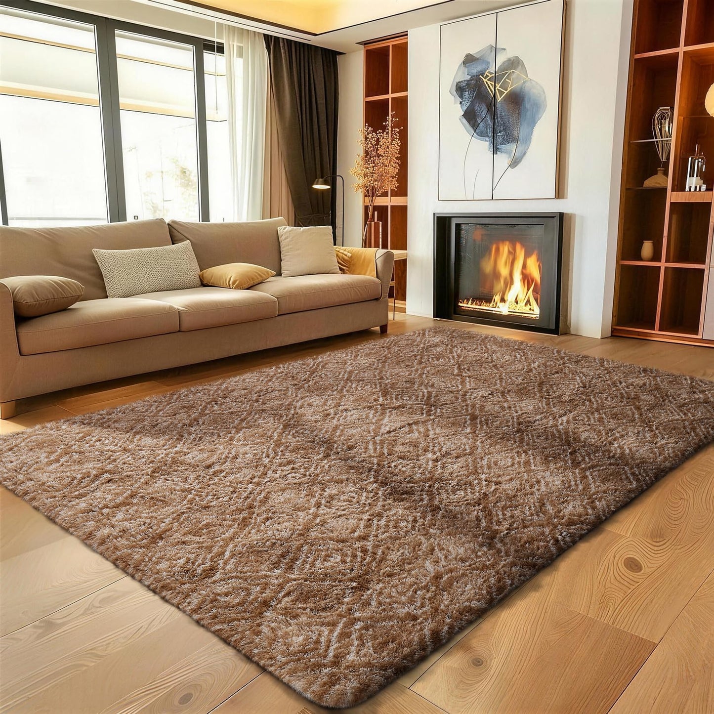 Ophanie Brown and White Diamond Striped Rugs for Living Room 5x7, Fluffy Shag Large Fuzzy Plush Soft Carpets, Shaggy Rugs for Bedroom, Carpet for Kids Boys Girls Dorm Nursery Home Decor Aesthetic