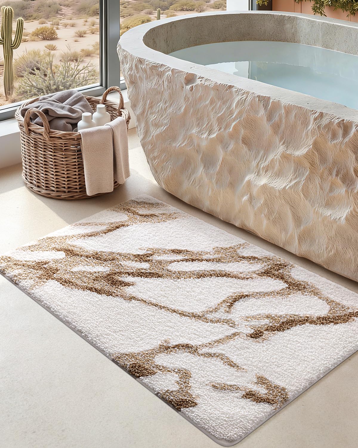 DEXI Bathroom Rug Mat 30x17, Soft and Absorbent Marble Bath Mat, Non Slip Machine Washable Bath Rugs for Shower Floor, Tub, Sink, White and Beige