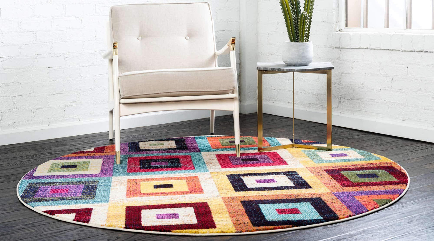 Unique Loom Estrella Collection Colorful, Geometric, Squares Modern, Abstract Area Rug (6' 0 x 6' 0 Round, Multi/Beige)