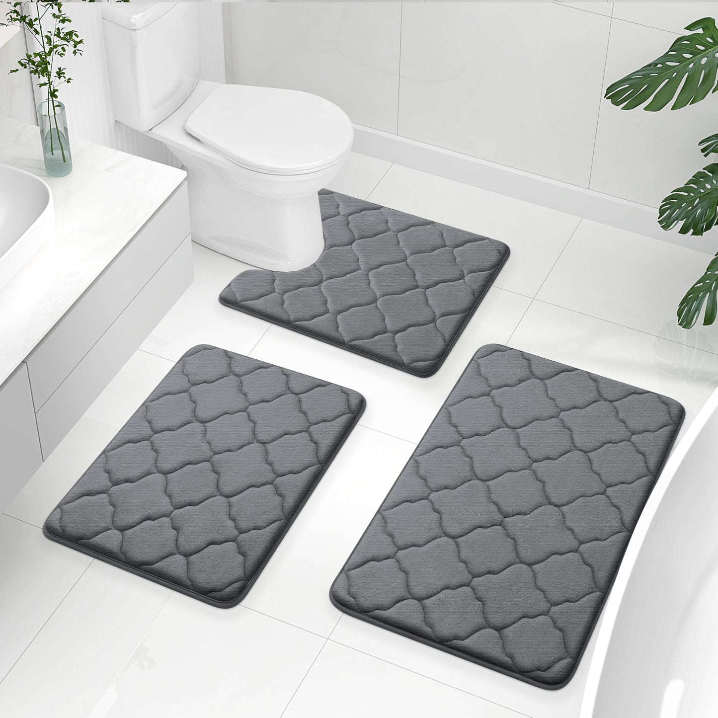 OLANLY Memory Foam Bath Mat Set of 3 Piece, Bathroom Rugs and Toilet Rug U-Shaped, Ultra Soft and Absorbent, Comfortable, Non-Slip, Machine Washable, Shower and Home Decor Accessories, Dark Grey