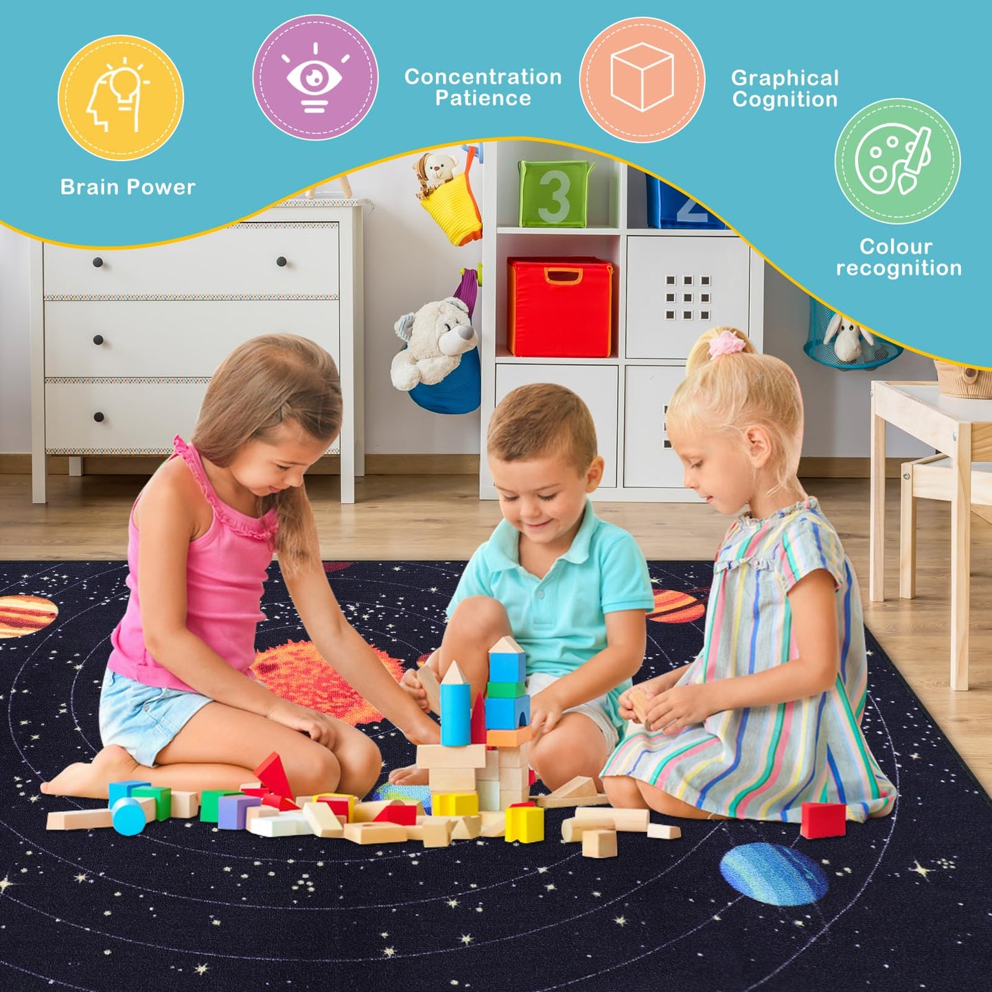 PCSWEET HOME Outer Space Kids Rug for Bedroom Educational Rug for Playroom 4' 11" x 6' 7" Washable Kids Play Mat for Living Room Large Area Rug for Living Room