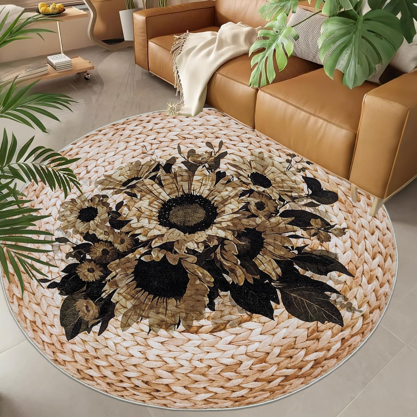 Lacomfy Boho Floral Rug 4Ft Round Sunflowers Carpet Mat for Girls Bedroom Farmhouse Living Room Dining Room, Circle, Dark Flowers, Rattan Pattern Printed, Retro, Washable, Indoor (Not Natural)