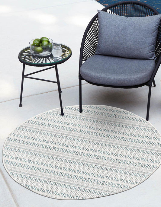 Unique Loom Outdoor Striped Collection Area Rug - Maia (5' 3" Round, Teal/Ivory)