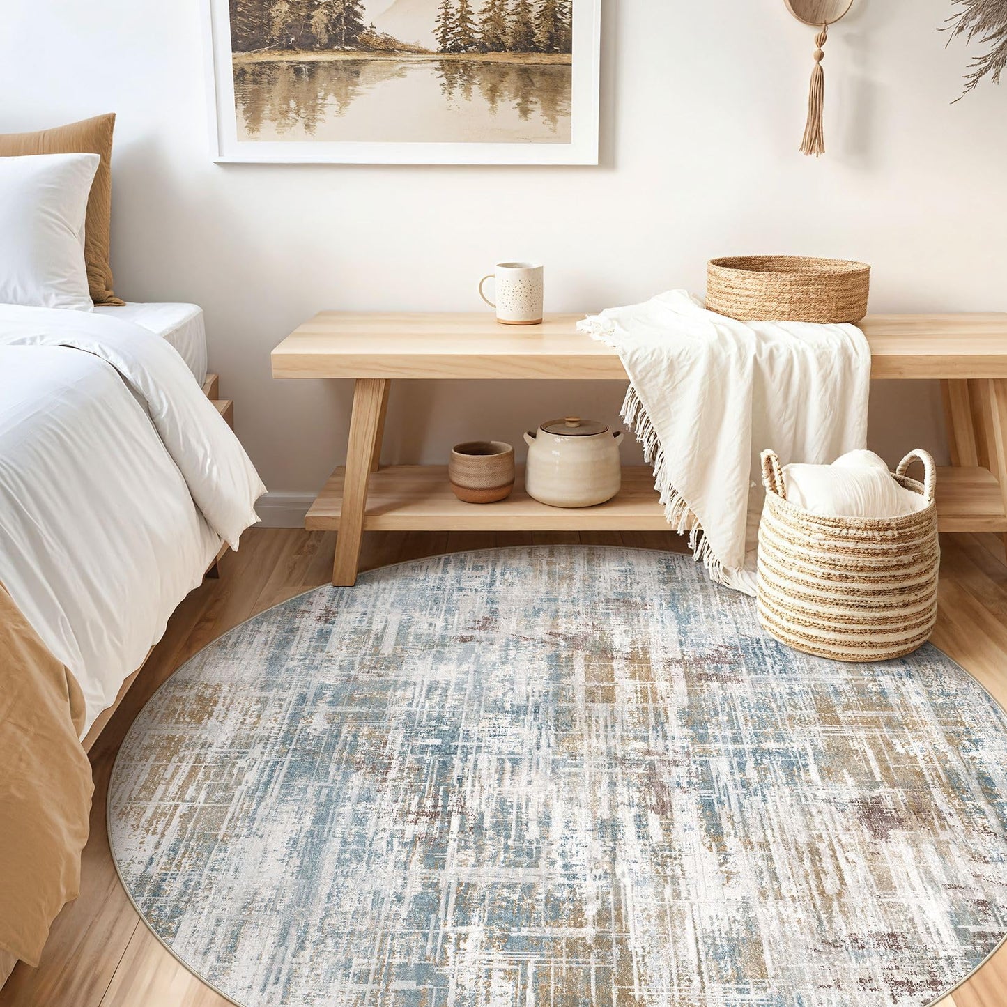 UERMEI 6ft Round Area Rug for Living Room: 6x6 Washable Neutral Abstract Modern Soft Circle Rugs Non Slip Indoor Floor Stain Resistant Carpet for Bedroom Dining Room Office Nursery Blue Brown