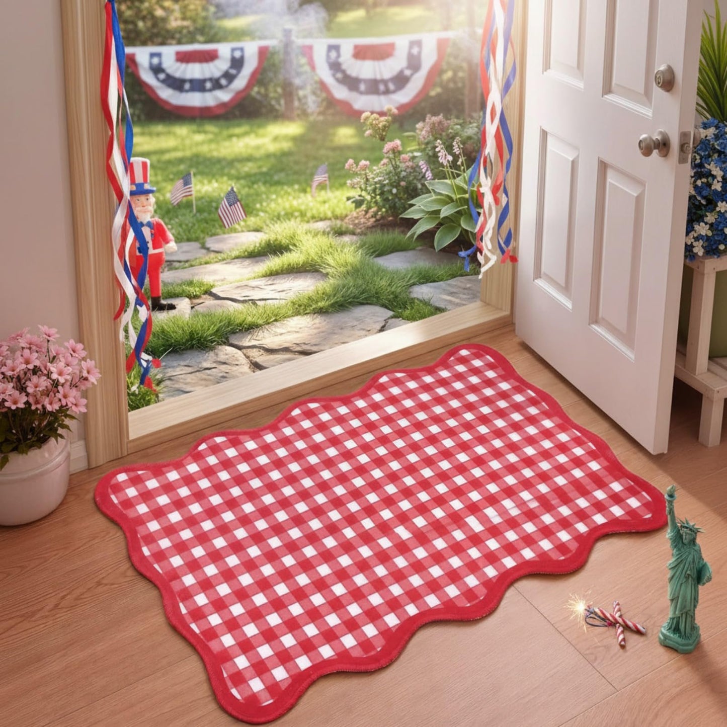 Breling Red and White Scalloped Plaid Entryway Rug 16.5 x 27.5 Buffalo Checkered Indoor Mat Washable Non-Slip Gingham Door Rug for Entryway Entrance Bedroom Kitchen Living Room Decor