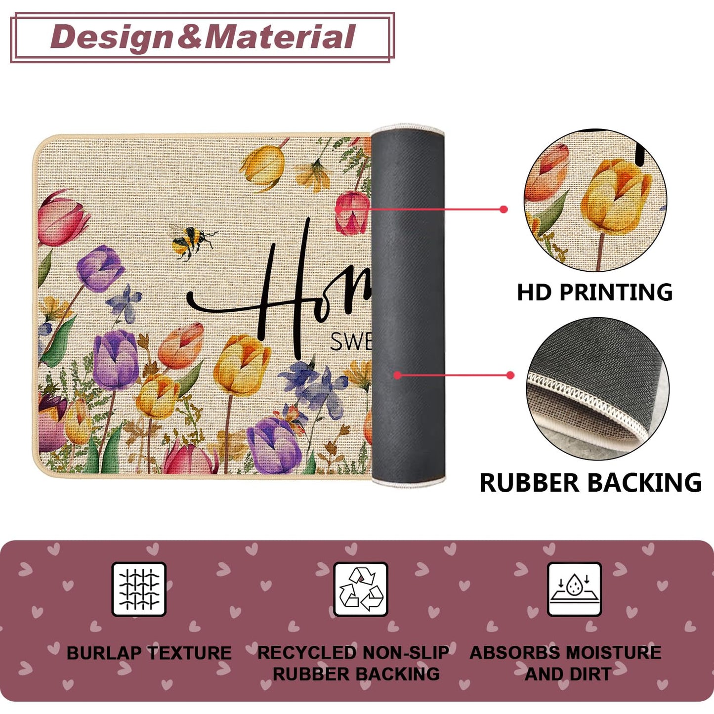 Baccessor Home Sweet Home Kitchen Mats Set of 2, Summer Floral Tulip Kitchen Rugs for Floor Spring Non Slip Low-Profile Seasonal Home Decor 17x29 and 17x47 Inch