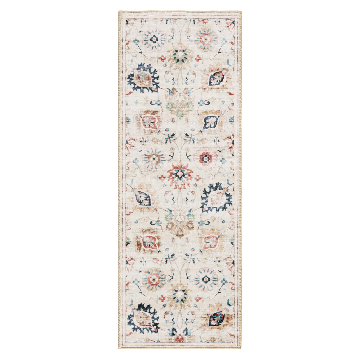 EVERWASH Haven Damask Floral Machine Washable Area Rug with Airflo Technology for Easy Clean, Ultra-Soft Non-Slip Rug with Built-in Pad, Pet, Family & Allergy Friendly Rug, Beige Multi, 2'6"x7'